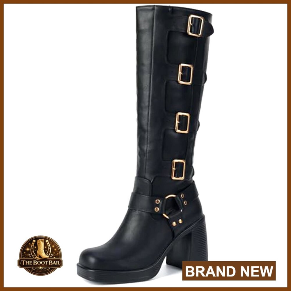 Knee High Buckle Boots Square Toe Chunky Block Heel Pull On Gothic Riding Boots